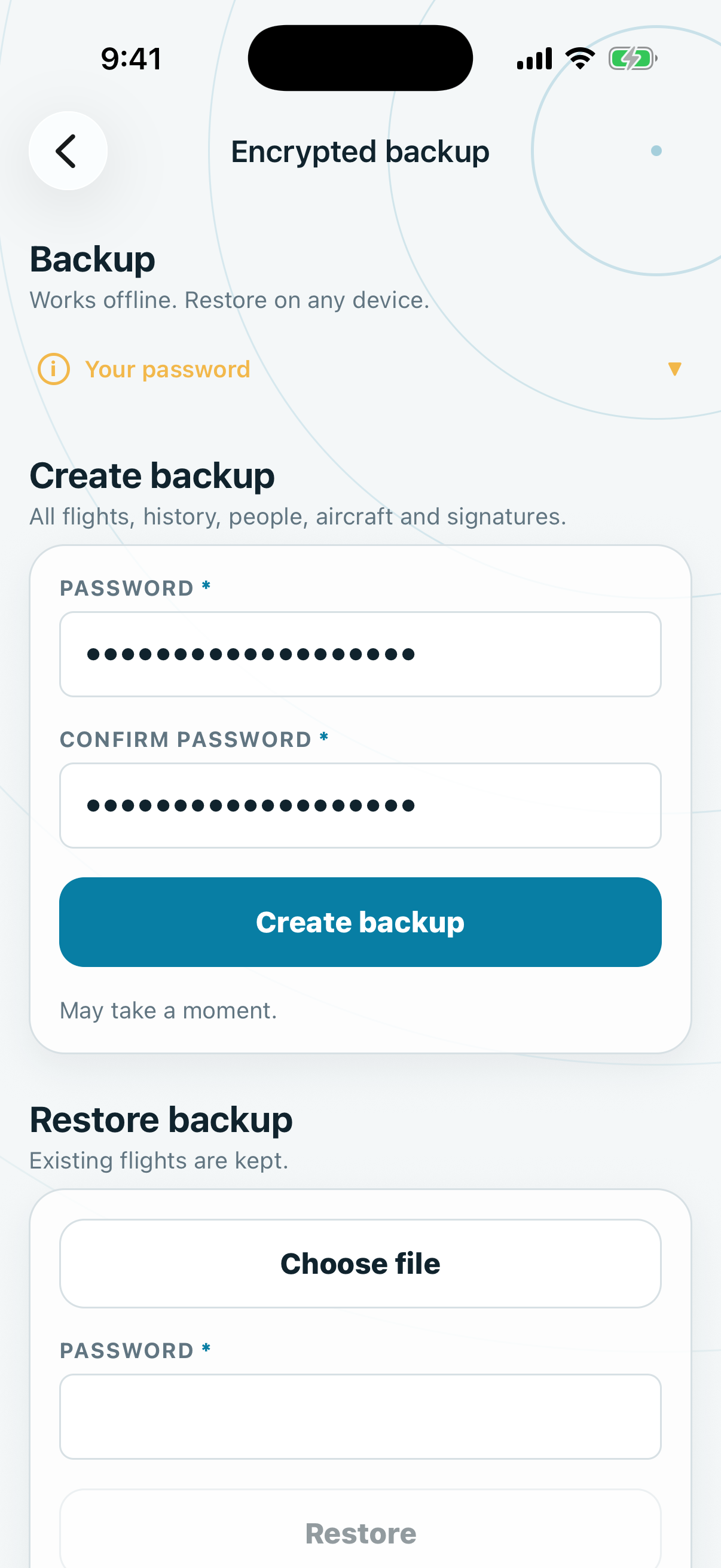 The Create backup form