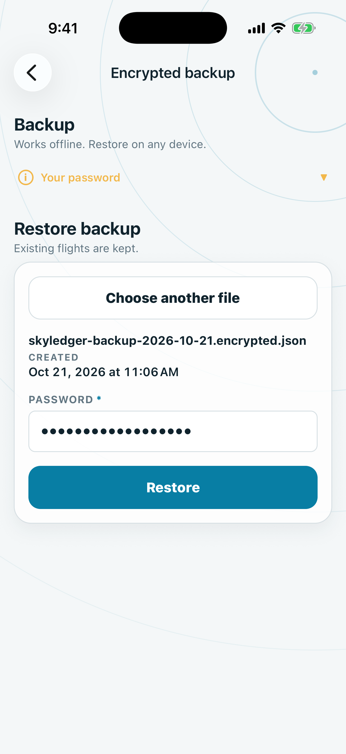 The Restore backup form with a file chosen