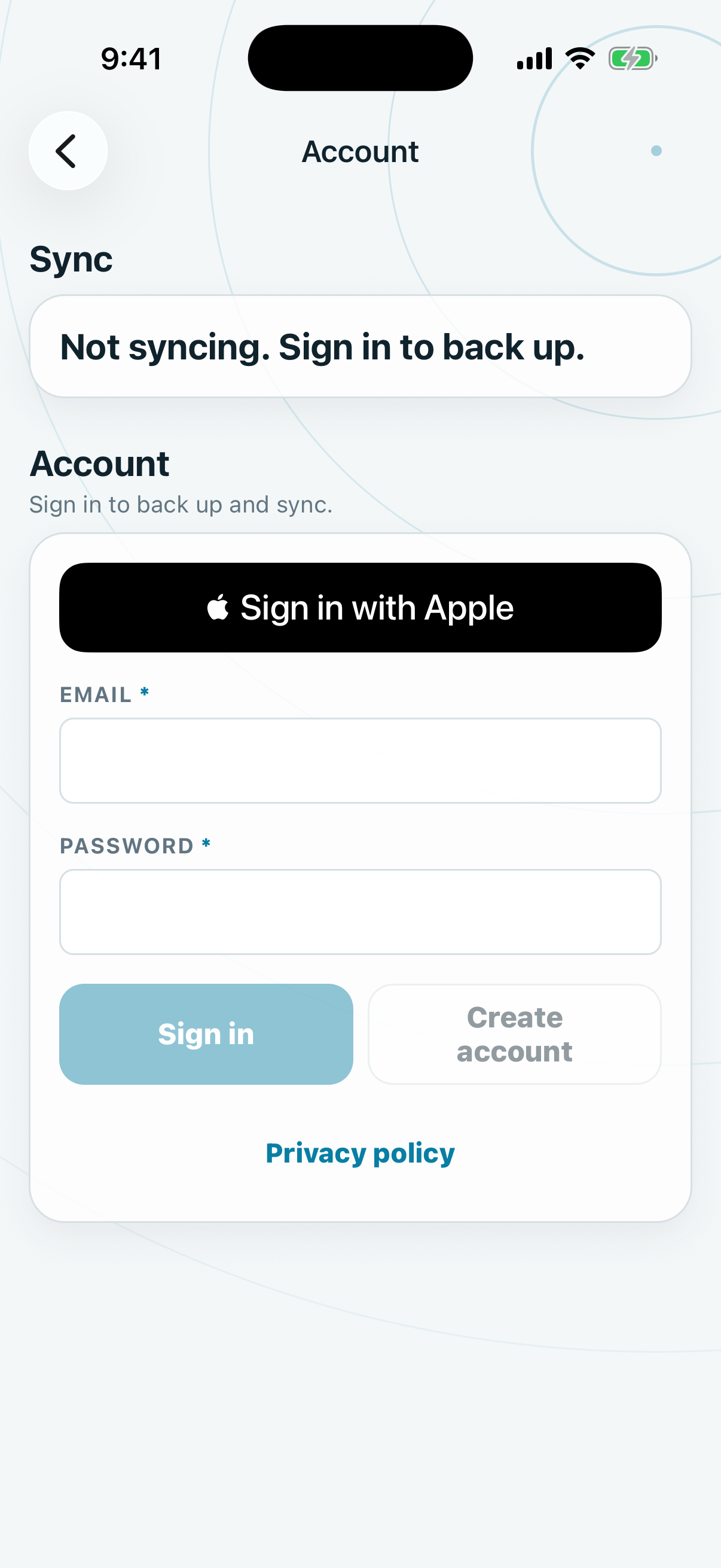 The Account screen before sign in