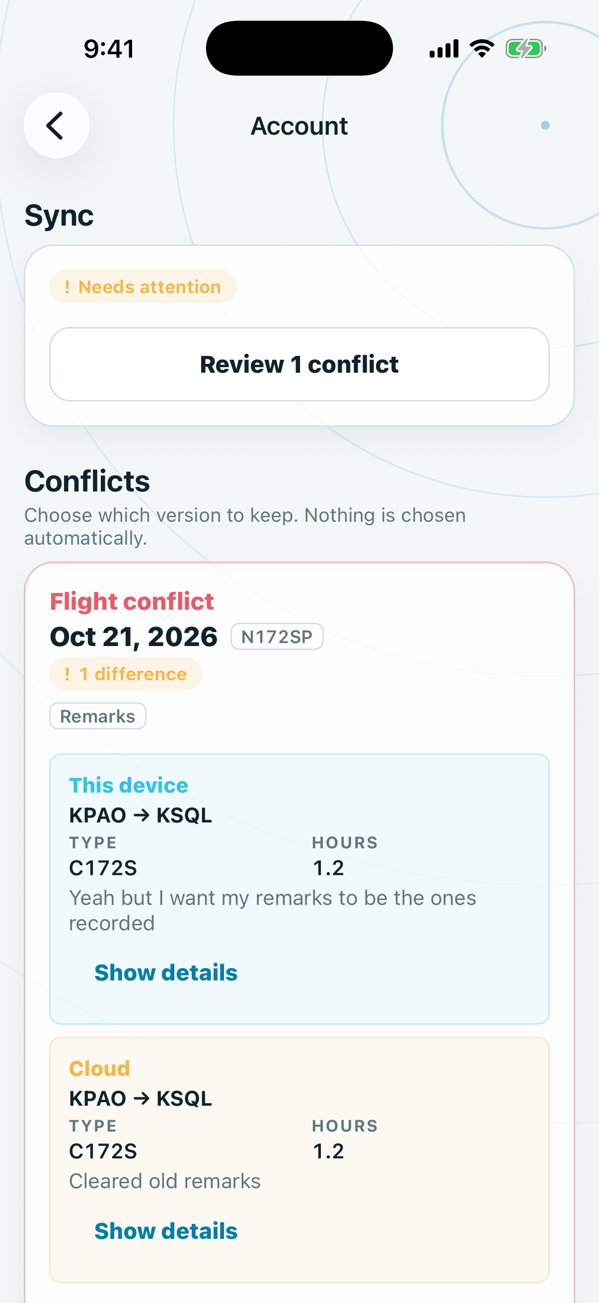 A flight conflict with This device and Cloud versions