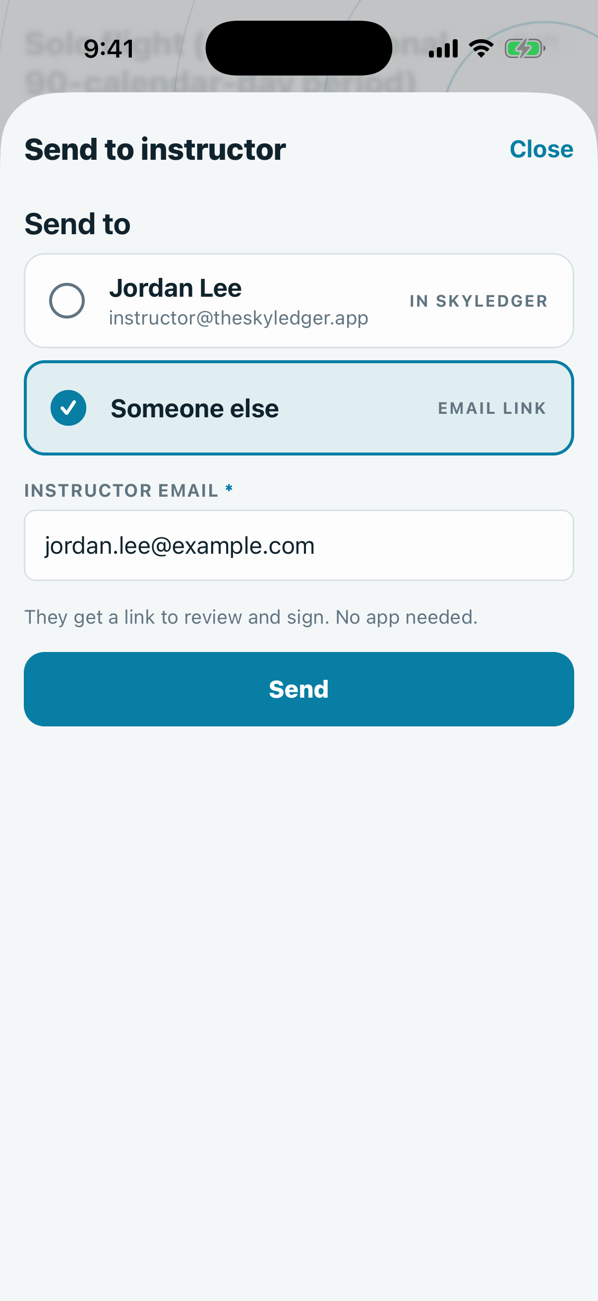 The Send to instructor sheet with Someone else selected and an email entered