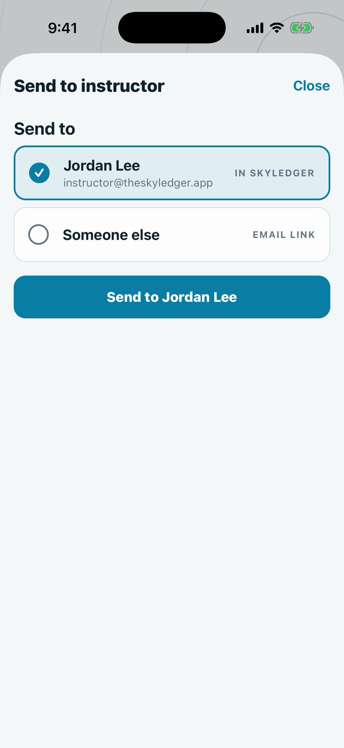 The Send to instructor sheet with a paired instructor selected and the button naming them