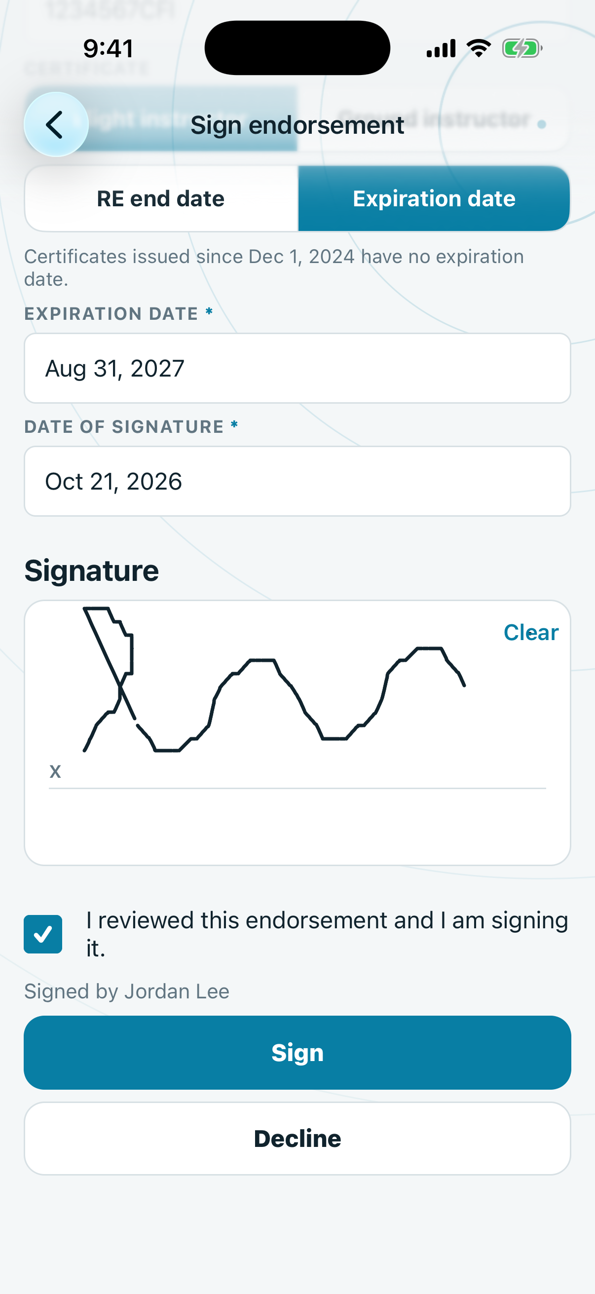 A signing request with the text, instructor fields and signature box