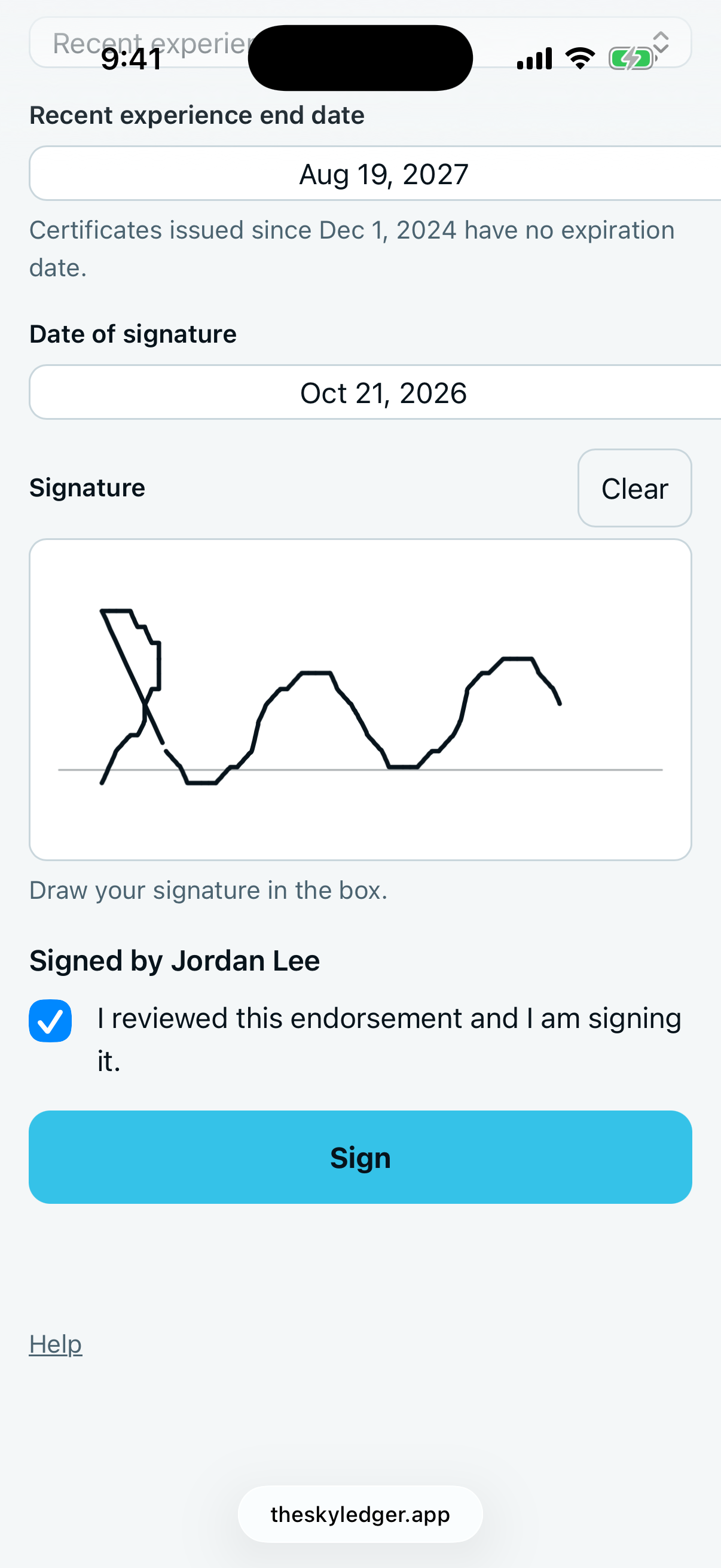The web signing page filled in