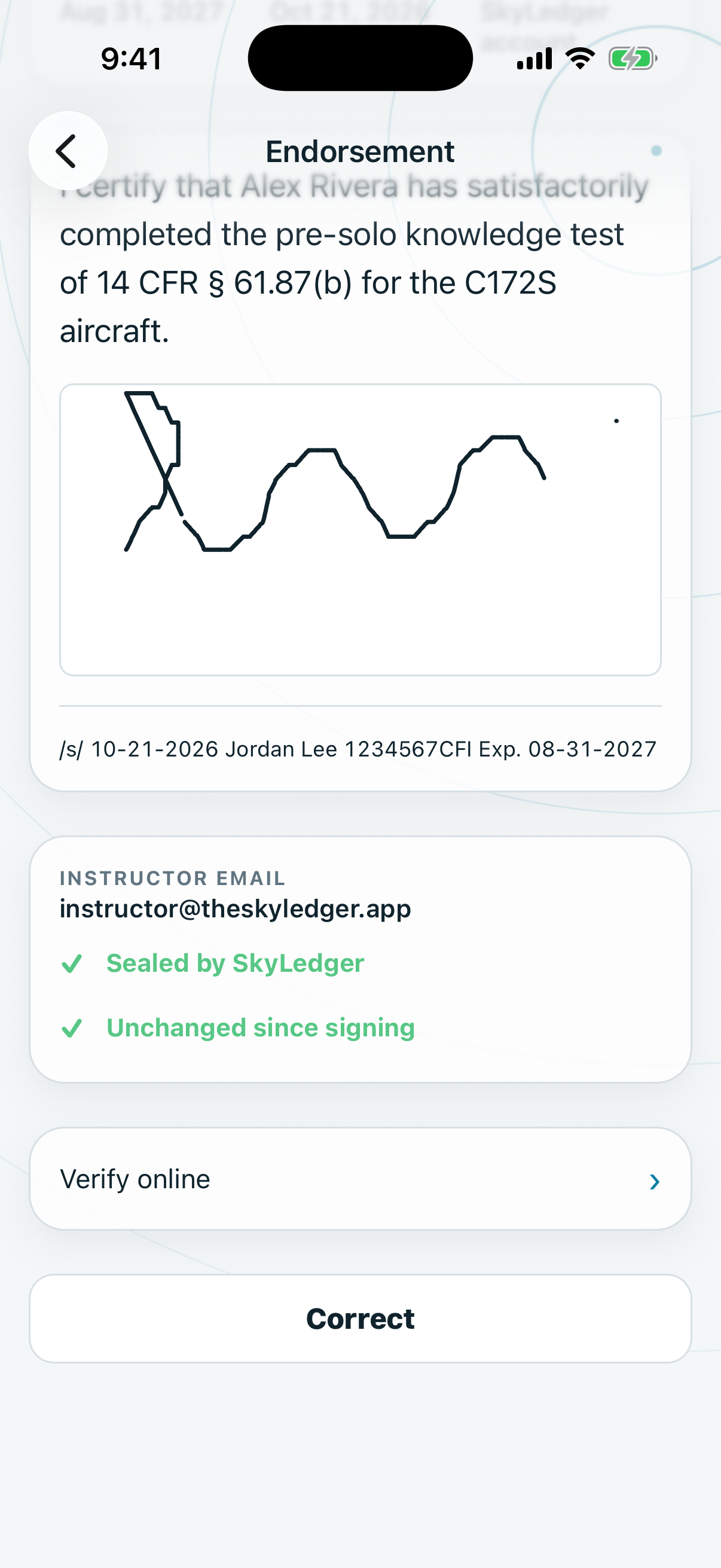 An endorsement showing the seal lines and Verify online